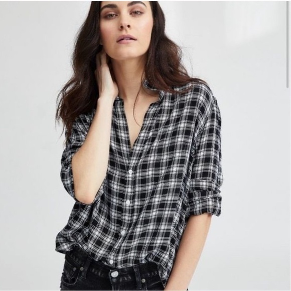 Frank & Eileen | Eileen Plaid Relaxed Fit Button Front Shirt Black White - Picture 4 of 10
